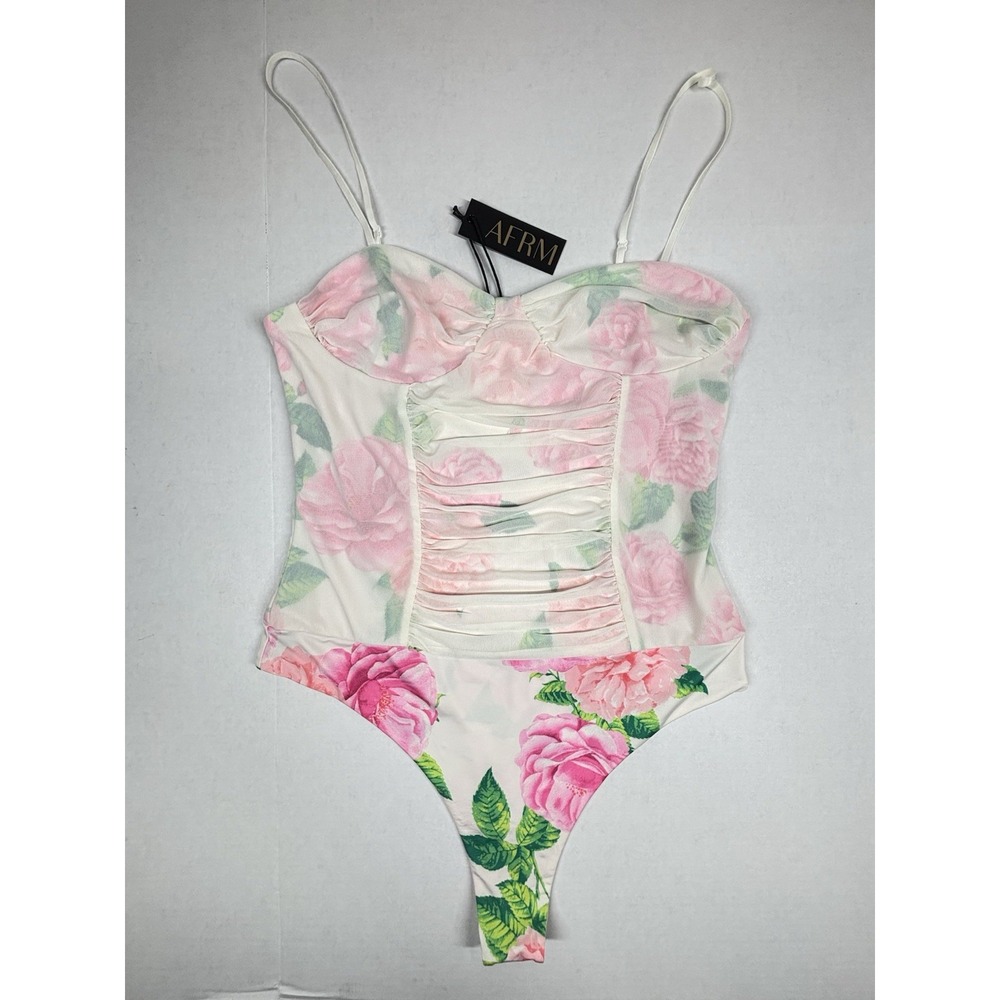 AFRM Kat Corset Ruched Mesh Bodysuit Blanc Bouquet Pink Flowers Large NWT